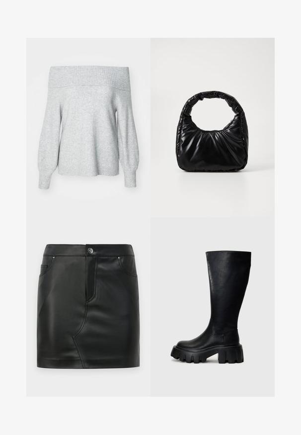 Lichtgrijze off-the-shoulder gebreide trui met geribbelde halslijn en manchetten, met een relaxte pasvorm en zachte textuur.; Zwarte nepleer mini-rok met een voorknop, ritsluiting, voor- en achterkant zakken, en naaddetail.; Zwarte kniehoge laarzen van glad leer met een dikke zool, met een ronde neus, elastische zijkanten en een subtiele stiknaad.; Zwarte gevoerde handtas met een ronde handgreep, met een gladde, glanzende oppervlakte en een zachte, gewatteerde textuur. Geen zichtbare metalen onderdelen of accenten.