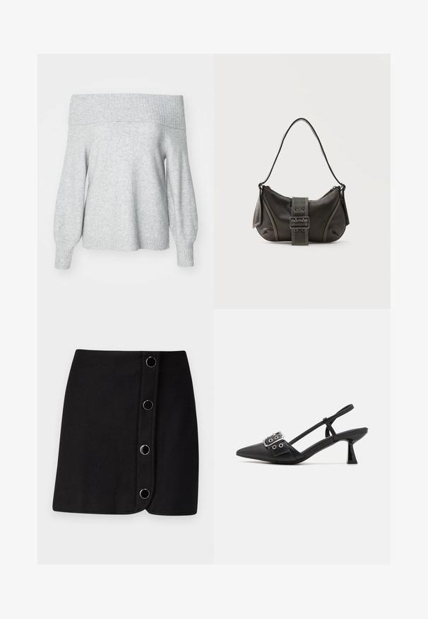 Lysegrå off-shoulder striktrøje med ribbet halsudskæring og manchette, der har en afslappet pasform og blød tekstur.; Sort mini nederdel med en omslag design, der har fem sølvrunde knapper langs fronten og en glat, mat tekstur.; Simmi London DALA - Pumps - black; Sort læder skuldertaske med spænde på remmen, afrundede kanter og kontrasterende hvide syninger på en ensfarvet baggrund.