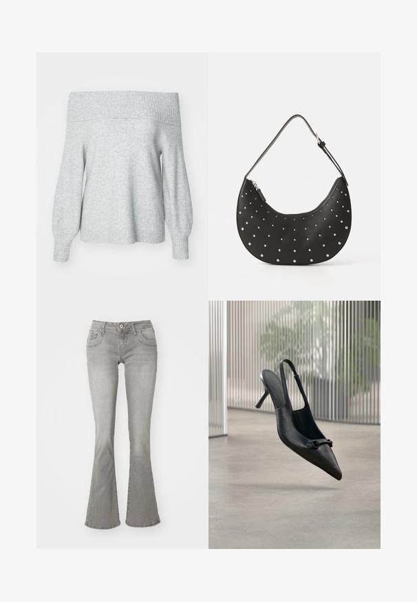 Lichtgrijze off-the-shoulder gebreide trui met geribbelde halslijn en manchetten, met een relaxte pasvorm en zachte textuur.; Grijze flared jeans met een middelhoge taille, voorkzakken en een knoopsluiting, gemaakt van denim stof met een gladde structuur.; Zwarte, gestructureerde leren slingback hoge hak schoen met een puntige neus en een kleine decoratieve gesp, zwevend boven een gladde vloer.; Zwarte leren handtas met een gebogen vorm, versierd met zilveren studs, voorzien van een ritssluiting en een enkele verstelbare schouderband.
