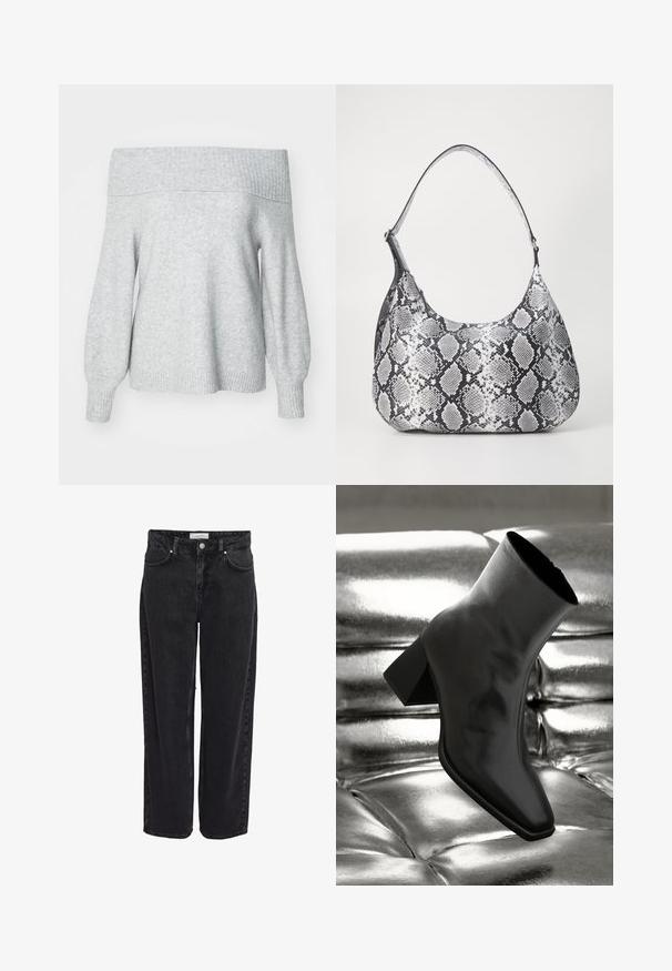 Lichtgrijze off-the-shoulder gebreide trui met geribbelde halslijn en manchetten, met een relaxte pasvorm en zachte textuur.; Zwarte denim wijde pijpen jeans met een hoge taille, vijfzakkenontwerp en ritssluiting. Soepele textuur met minimale zichtbare stiksel details.; Zwarte enkellaarsjes van glanzend materiaal met een vierkante neus en taps toelopende hak, afgezet tegen een glanzende zilveren gecapitonneerde achtergrond.; Zwart-witte slangenprint schoudertas met een afgeronde vorm, een gladde textuur en een ronde strap. Voorzien van een zilveren hardwareaccent.