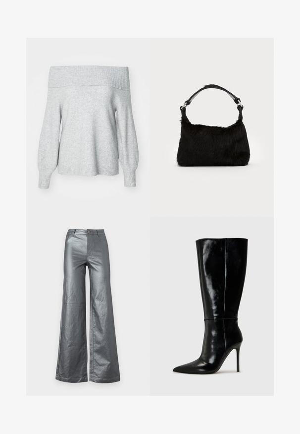 Pull en maille gris clair à épaules dénudées avec un col et des poignets côtelés, présentant une coupe décontractée et une texture douce.; Pantalons à jambes larges en tissu métallique argenté brillant. Comprend des poches avant, une fermeture à bouton et des ourlets droits. Texture lisse et design épuré.; Bottes noires en cuir, hautes jusqu'au genou, avec un bout pointu et un talon aiguille haut. Texture lisse et design épuré, avec un minimum de détails.; Sac à main en fausse fourrure noire avec une texture douce, une forme arrondie et une bandoulière en cuir noir robuste. Accent en métal argenté visible.