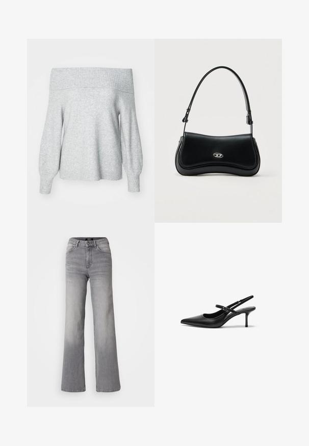 Lysegrå off-shoulder striktrøje med ribbet halsudskæring og manchette, der har en afslappet pasform og blød tekstur.; Højtaljede grå denim jeans med lige ben, med frontknap og lynlås, foran og bagpå lommer, samt nedtoning på lår og lægge.; Sorte læder slingback hæle med spids tå, slank justerbar rem og en stiletto hæl på cirka 5 cm, glat tekstur.; Sort læderhåndtaske med buet klap og sølv oval logo, med en justerbar skulderrem, mod en ensartet lys baggrund.