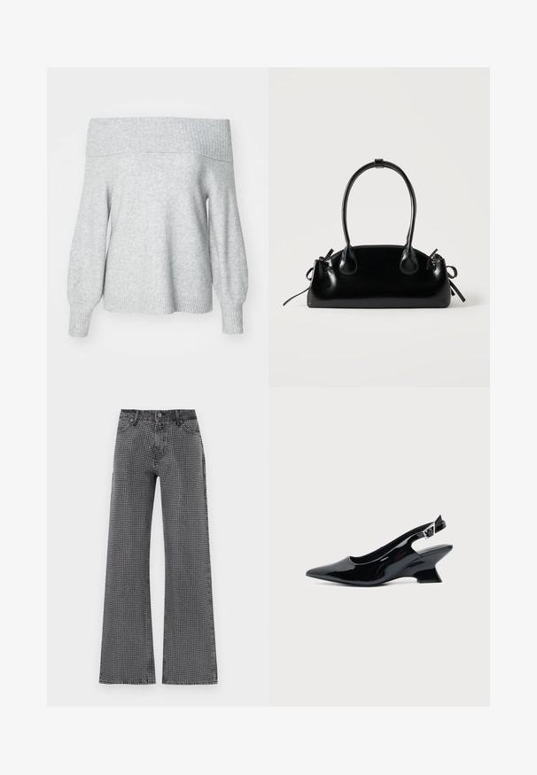 Suéter de punto gris claro sin mangas con escote de barco y puños acanalados, que presenta un ajuste relajado y una textura suave.; Jeans de pierna ancha en denim negro con un patrón de lunares blancos; cuenta con un diseño clásico de cinco bolsillos y cierre de botón.; Zapato slingback de cuero charol negro con puntera puntiaguda y tacón bajo en bloque inclinado sobre fondo claro liso.; Pequeño bolso negro brillante con dos asas largas y detalles de cordón lateral sobre un fondo claro liso.