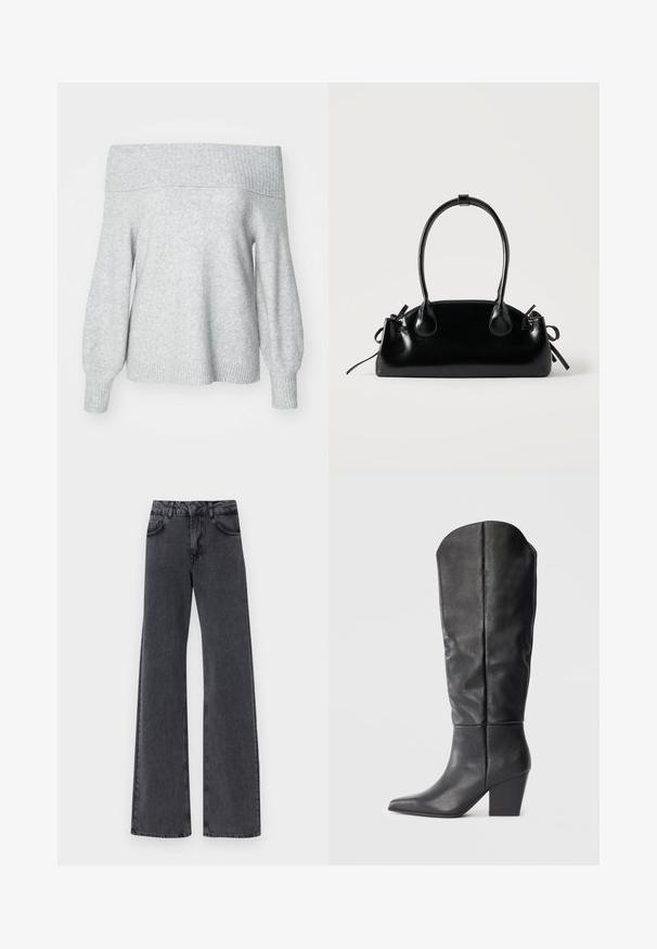 Pull en maille gris clair à épaules dénudées avec un col et des poignets côtelés, présentant une coupe décontractée et une texture douce.; Jean flare en denim noir avec taille haute, présentant deux poches avant et des détails de couture subtils le long des coutures.; Bottes noires en cuir, montant jusqu'au genou, avec un bout pointu et un talon épais. Le design présente une texture lisse et des lignes minimalistes.; Petit sac à main noir brillant avec deux longues anses et des détails à cordon sur les côtés sur un fond clair uni.