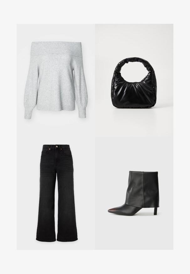 Lichtgrijze off-the-shoulder gebreide trui met geribbelde halslijn en manchetten, met een relaxte pasvorm en zachte textuur.; Zwarte jeans met hoge taille en wijde pijpen, voorzakken en knoopsluiting op een effen lichte achtergrond.; Zwarte enkellaars van glad leer met een puntige neus en een taps toelopende hak. Het bovenwerk heeft een licht geplooid ontwerp.; Zwarte gevoerde handtas met een ronde handgreep, met een gladde, glanzende oppervlakte en een zachte, gewatteerde textuur. Geen zichtbare metalen onderdelen of accenten.