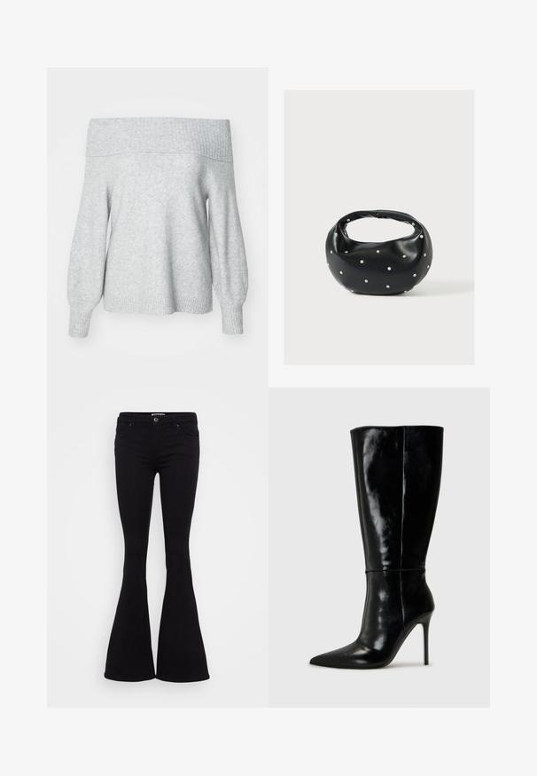 Lysegrå off-shoulder striktrøje med ribbet halsudskæring og manchette, der har en afslappet pasform og blød tekstur.; Sorte flared jeans med en glat stof, medium taljehøjde, forlommer og en knaplukning. Nederdelen flarer ud i bunden.; Sorte læderknælange støvler med spids tå og høj stilettohæl. Glat tekstur og slank design, med minimalt detaljer.; Sort læderhåndtaske med en rundet form, dekoreret med sølvnitter, og et kort håndtag. Glat tekstur og lynlåslukning.