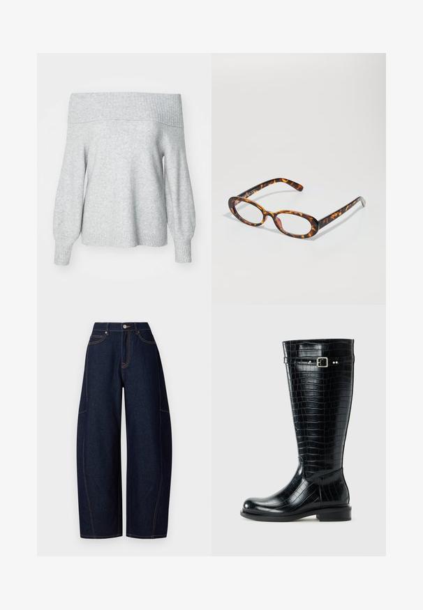 Lysegrå off-shoulder striktrøje med ribbet halsudskæring og manchette, der har en afslappet pasform og blød tekstur.; Bredde ben mørkeblå denimbukser med kontrasterende orangetråd, fem lommer og en knap- og lynlåslukning i taljen.; Sorte knæhøje støvler med krokodille-tekstur, rund tå, lav blokhæll og en sølvfarvet spænde-strop nær toppen.; Skildpaddebriller med ovale linser, der har en glat overflade, slanke stænger og subtile mønstre, der minder om tigerstriber.