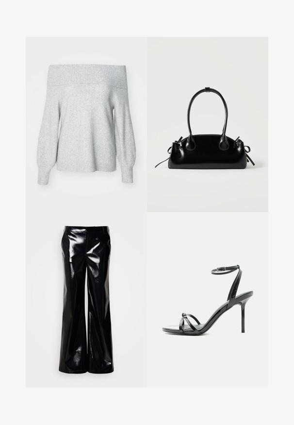 Pull en maille gris clair à épaules dénudées avec un col et des poignets côtelés, présentant une coupe décontractée et une texture douce.; Pantalon noir à jambes larges en matériau brillant et lustré ; présente une texture lisse et une taille ajustée sans fermetures ni ornements visibles.; Sandale à talon haut en cuir verni noir avec de fines lanières croisées sur les orteils et une sangle à boucle à la cheville sur fond blanc.; Petit sac à main noir brillant avec deux longues anses et des détails à cordon sur les côtés sur un fond clair uni.