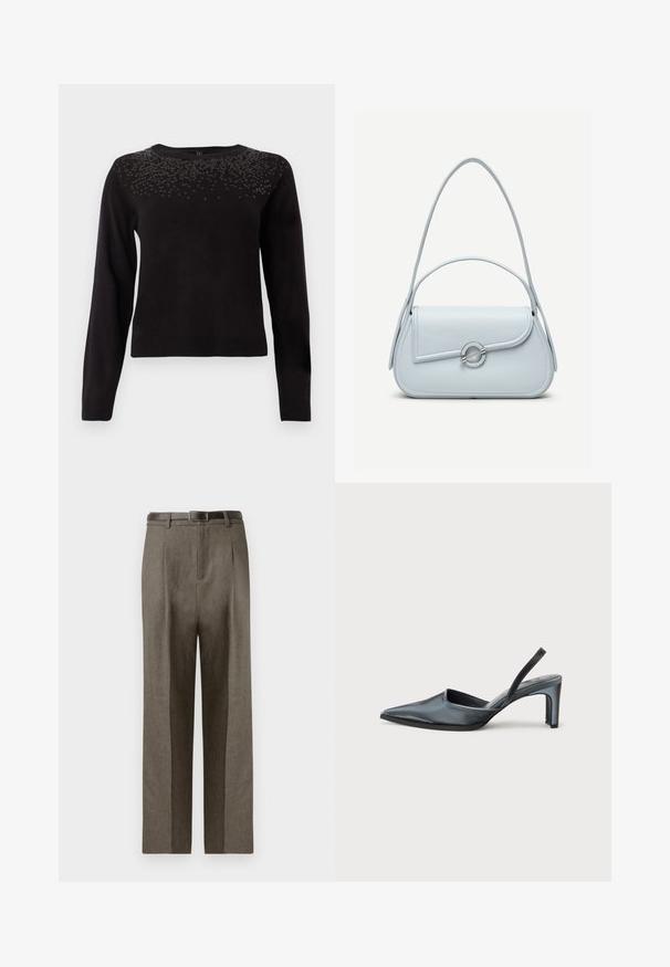 Pull noir à manches longues, décolleté rond, et orné de sequins dans la partie supérieure du torse. Texture douce et design ajusté.; Pantalons marron ajustés à coupe droite, avec une texture lisse, des passants de ceinture et un design à plat sur le devant.; Escarpin noir à bride arrière avec un bout pointu, une finition satinée élégante et un talon fin de 7,5 cm. Design latéral ouvert avec des détails de couture minimalistes.; Sac à main en cuir bleu clair avec rabat arrondi, fermoir circulaire argenté et deux bretelles d'épaule sur un fond uni.