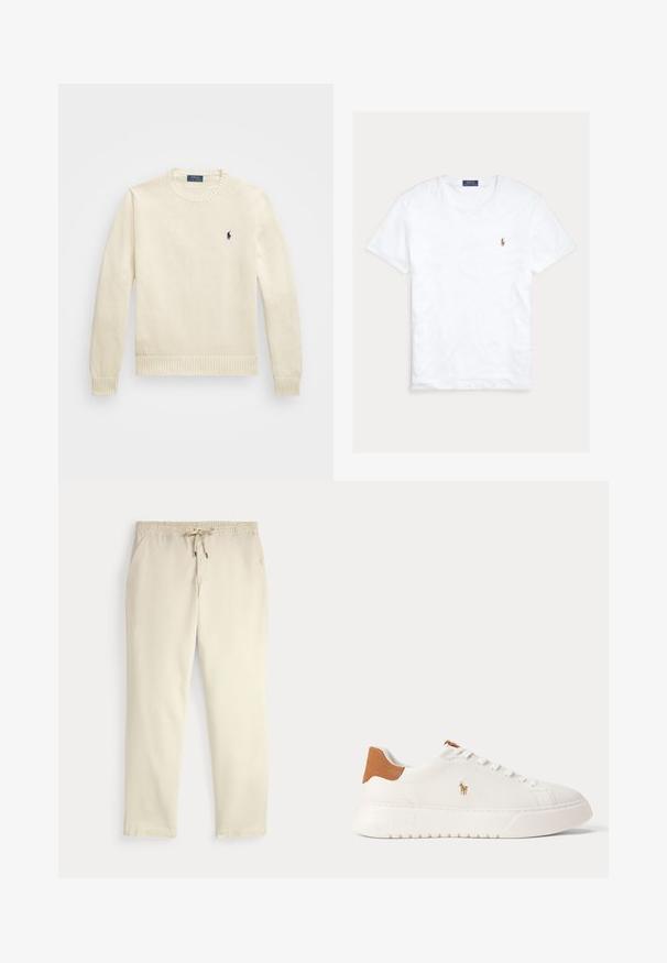Crèmekleurige gebreide trui met een ronde hals, geribde onderrand en manchetten, voorzien van een klein marineblauw logo op de linkerkant van de borst.; Witte T-shirt met korte mouwen en ronde hals met klein geborduurd Polo Ralph Lauren-logo op de linkerborst en een blauw merklint binnenin de kraag.; Off-white casual broek met elastische tailleband en trekkoord, rechte pijpen en zijzakken op een effen achtergrond.; Witte lage sneaker met beige hieltab, witte veters en klein geborduurd polo spelerlogo aan de zijkant boven een dikke zool.
