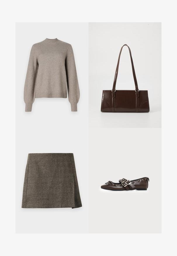Pull en tricot beige avec col montant côtelé, longues manches bouffantes et bords côtelés sur fond blanc.; Jupe mini à carreaux marron et gris avec une subtile fente latérale, coupe droite et tissu texturé.; Chaussure plate en cuir marron foncé avec bout pointu, doubles brides à boucles argentées, œillets métalliques et nœud décoratif à l'avant.; Sac à main en cuir verni marron de forme rectangulaire, avec deux longues poignées et des accents courbés subtils à l'avant.