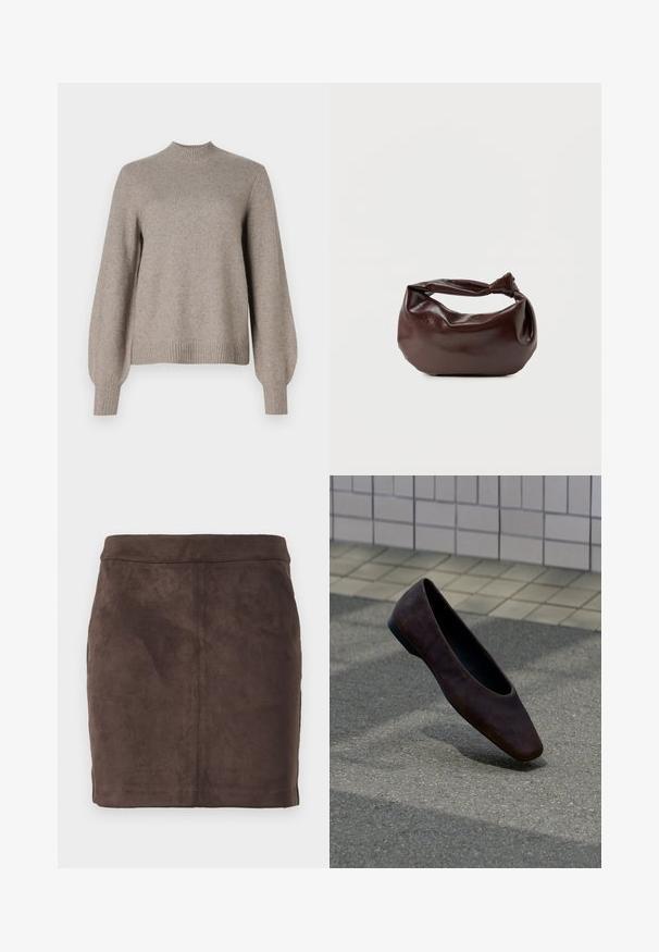 Beige striktrøje med ribbet høj hals, lange puffærmer samt ribbede manchetter og kant på en hvid baggrund.; Brun ruskind mini-nederdel med en glat tekstur, tætsiddende design og en flad talje, der har lodrette sømme for struktur.; Enkelt mørkebrun flad sko svævende over tekstureret jord med baggrund af flisebelagt væg.; Mørkebrun læder skuldertaske med en blød, afslappet form og et snoet knudehåndtag på en ensartet hvid baggrund.