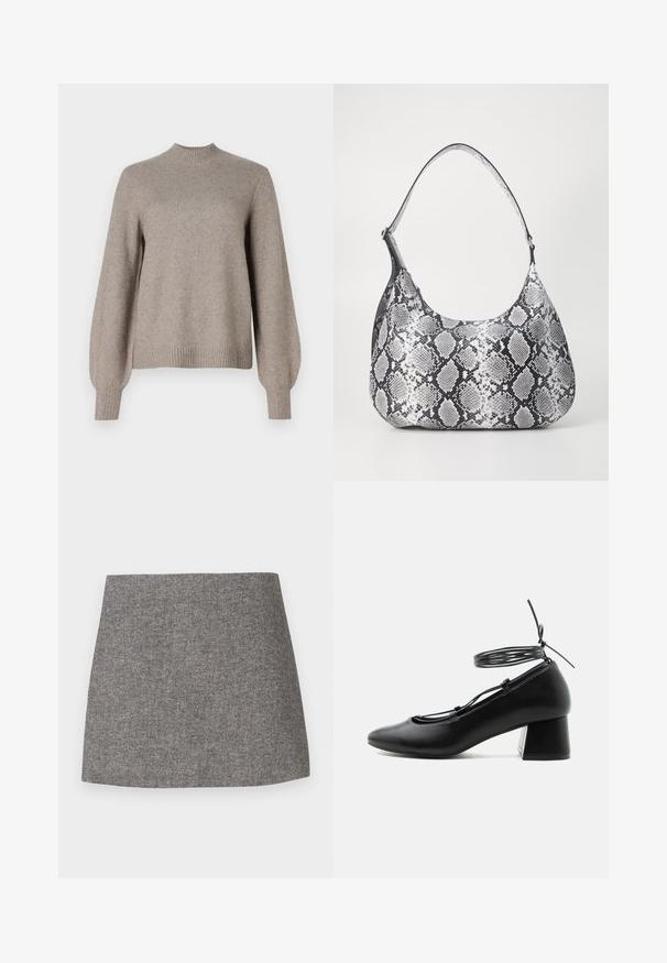 Pull en tricot beige avec col montant côtelé, longues manches bouffantes et bords côtelés sur fond blanc.; Jupe à motif chevrons en tissu gris, présentant une silhouette ajustée avec une texture lisse et un ourlet droit et net.; Chaussure en cuir noir à talon moyen, bout pointu, brides croisées et lien de cheville autour sur fond blanc.; Sac à épaule en simili cuir noir et blanc avec imprimé serpent, de forme arrondie, texture lisse et bandoulière incurvée. Présente un accent en matériel argenté.