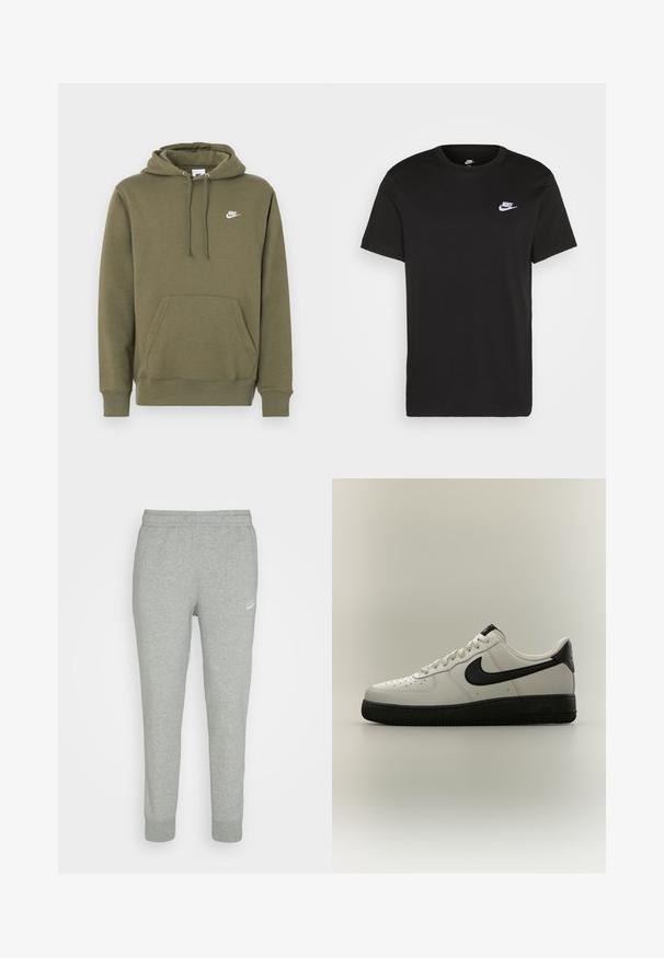 Olijfgroene hoodie met een voorvak, verstelbare capuchon met trekkoord en wit Nike-logo op de linkerborst. Zachte stof, geribbelde manchetten.; Zwart katoen T-shirt met korte mouwen, ronde hals en een klein wit Nike-logo op de bovenste linkerborst. Gladde textuur. Klassieke pasvorm.; Grijze trainingsbroek van zacht materiaal, met een taps toelopend ontwerp, elastische tailleband en klein wit Nike-logo op de linker bovenbeen.; Lage witte sneaker met zwarte Nike-swoosh, zwarte hielband en dikke zwarte zool op een neutrale achtergrond.