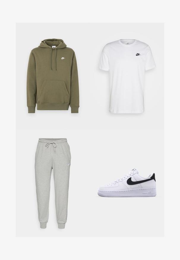 Olijfgroene hoodie met een voorvak, verstelbare capuchon met trekkoord en wit Nike-logo op de linkerborst. Zachte stof, geribbelde manchetten.; Witte katoenen t-shirt met ronde hals, korte mouwen en een zwart Nike-logo op de linkerkant van de borst. Eenvoudig, effen kleur ontwerp.; Grijze fleece joggers met elastische tailleband, verstelbare trekkoord en omgeslagen boorden. Voorzien van een klein wit logo aan de linkerkant.; Witte leren sneaker met een gestructureerde zwarte Swoosh, platte veters en een rubberen zool met een geribbeld patroon. "AIR" is in de hak geperst.