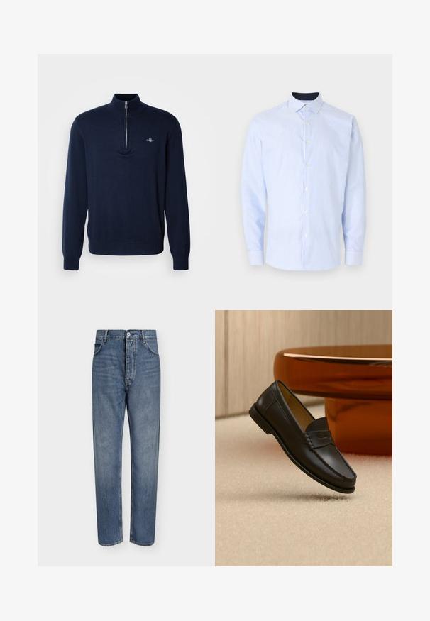 Suéter de terciopelo azul marino con cuello de media cremallera, textura suave de punto, mangas largas y un pequeño logo en el lado izquierdo del pecho.; Camisa de manga larga a rayas azul claro con cuello abotonado, que cuenta con botones blancos, detalle de puños y un cuello sólido de color oscuro.; Vaqueros de mezclilla azul de corte recto con cintura alta, cierre frontal de botones y diseño de cinco bolsillos sobre un fondo claro y liso.; Zapato mocasín de cuero negro suspendido sobre una alfombra beige con muebles modernos de color ámbar en el fondo.
