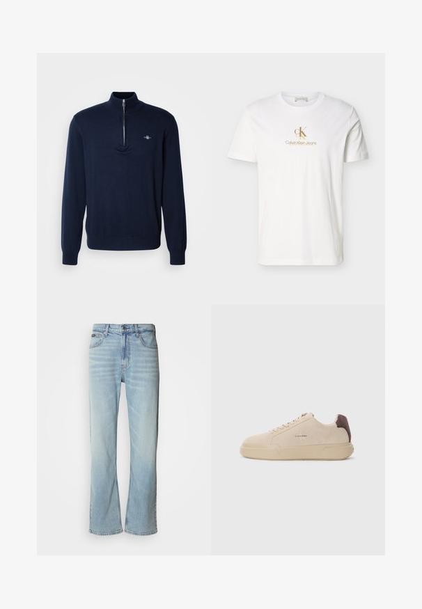 Marineblå pullovertrøje med halvlukket krave, blød strikket tekstur, lange ærmer og et lille logo på venstre bryst.; Hvid T-shirt med korte ærmer med lille beige "cK" logo og teksten "Calvin Klein Jeans" centreret på brystet.; Lyseblå denimjeans med lige ben, der har fem lommer, knaplukning og en subtil falmning på stoffet.; Beige ruskind sneakers med rund tå, snørret foran og en brun ruskindsdetalje på hælen. Har en tekstureret gummisål.