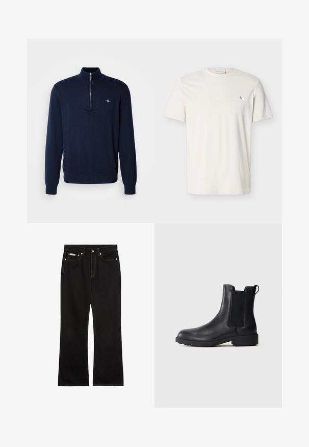 Suéter de terciopelo azul marino con cuello de media cremallera, textura suave de punto, mangas largas y un pequeño logo en el lado izquierdo del pecho.; Camiseta blanca lisa de manga corta con cuello redondo y pequeño parche con el logo CK en el lado izquierdo del pecho.; Vaqueros negros de pierna recta con costuras naranjas, cinco bolsillos, cierre de botón y una pequeña etiqueta Calvin Klein en el bolsillo delantero derecho.; Botín negro de cuero hasta el tobillo con paneles laterales elásticos, tirador en el talón y suela baja de bloque sobre un fondo liso.