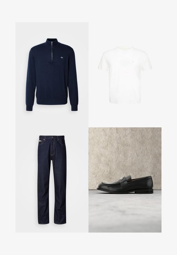 Suéter de terciopelo azul marino con cuello de media cremallera, textura suave de punto, mangas largas y un pequeño logo en el lado izquierdo del pecho.; Camiseta blanca de manga corta con cuello redondo y pequeño logo "ck" bordado en el pecho izquierdo.; Vaqueros de mezclilla azul oscuro con un diseño de pierna recta, que presentan un cierre de botón, cinco bolsillos y detalles de costura en contraste.; Mocasín de cuero negro con una placa metálica de marca apoyado cerca de una mesa redonda marrón sobre un suelo alfombrado beige.