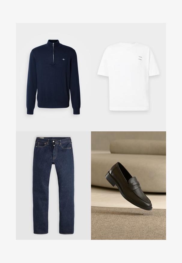 Marineblauwe pullovertrui met een halve ritssluiting, zachte gebreide textuur, lange mouwen en een klein logo op de linkerborst.; Witte katoenen t-shirt met een relaxed fit, korte mouwen en een V-hals. Bevat twee kleine zwarte bedrukte logo's aan de linkerkant.; Donkerblauwe recht gesneden spijkerbroek met knoopsluiting, voor- en achterzakken en contrasterende stiksels, plat gelegd op een lichte achtergrond.; Zwarte leren loafer die rust op een beige tapijt met een gebogen beige bank op de achtergrond.