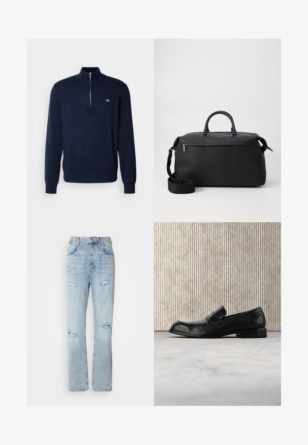 Suéter de terciopelo azul marino con cuello de media cremallera, textura suave de punto, mangas largas y un pequeño logo en el lado izquierdo del pecho.; Jeans de mezclilla de lavado claro con un corte relajado, que presentan áreas desgastadas y bordes deshilachados. La tela tiene una textura suave y lisa.; Mocasín negro de cuero con detalle metálico, mostrado suspendido sobre una alfombra beige, con una mesa redonda de color ámbar en el fondo.; Bolsa de viaje de cuero negro con dos asas superiores, una correa de hombro desmontable y un bolsillo frontal con cremallera para almacenamiento adicional.