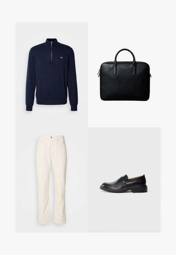 Suéter de terciopelo azul marino con cuello de media cremallera, textura suave de punto, mangas largas y un pequeño logo en el lado izquierdo del pecho.; Jeans de algodón color beige con un diseño clásico de pierna recta, que cuentan con un cierre frontal de botón, cinco bolsillos y detalles de costura sutiles.; Zapato de vestir negro de cuero sin cordones con tacón bajo y un sutil logo de Calvin Klein en el lateral, mostrado en perfil sobre un fondo blanco.; Maletín de cuero negro texturizado con doble asa y tiradores de cremallera plateados, centrado sobre fondo blanco.