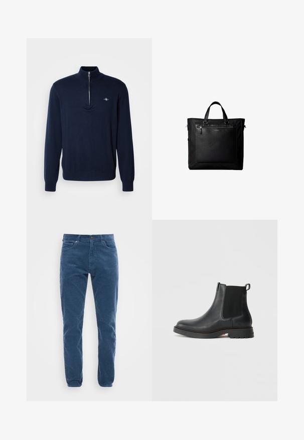Suéter de terciopelo azul marino con cuello de media cremallera, textura suave de punto, mangas largas y un pequeño logo en el lado izquierdo del pecho.; Pantalones de pana azul de corte slim para hombre con bolsillos frontales, cierre de botón y presillas para cinturón sobre un fondo claro liso.; Botín Chelsea de cuero negro con paneles laterales elásticos, punta redonda, suela de goma texturizada y tirador trasero para fácil colocación.; Bolsa tote negra con asas dobles, gran bolsillo delantero de cuero con cremallera y sutil logo de Calvin Klein en el centro del bolsillo.