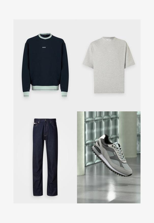 Sweat-shirt bleu marine foncé avec col, poignets et ourlet côtelés bleu clair, présentant un petit logo blanc « BOSS » centré sur la poitrine.; T-shirt gris à manches courtes avec un col rond, en tissu de coton doux, présentant un design simple et une couleur unie. Aucun logo ou motif visible.; Jean en denim bleu foncé avec une coupe droite, présentant une braguette à boutons, cinq poches et des détails de coutures contrastantes.; Baskets BOSS grises et noires avec semelle texturée, panneaux en mesh et suède, lacets et logo de la marque flottant à l'intérieur sur un sol réfléchissant.
