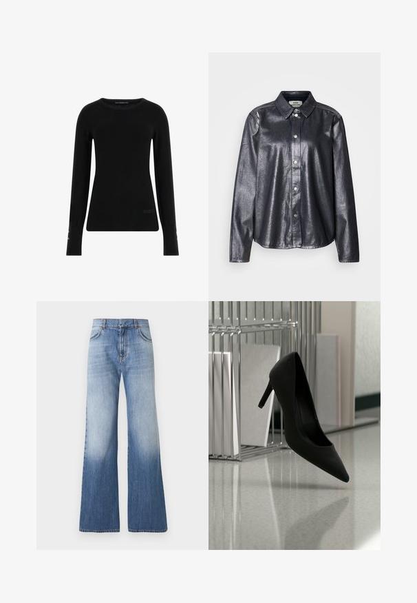 Pull noir à manches longues en tissu lisse, avec un col rond et un logo subtil à l'avant, agrémenté de boutons décoratifs sur les manches.; Chemise métallique sombre en tissu lisse, dotée d'une fermeture à boutons, d'un col classique et de manches longues avec une coupe décontractée.; Jean bleu clair taille haute à jambes larges, avec poches avant, passants pour ceinture, et décoloration du milieu de la cuisse jusqu'à l'ourlet sur un fond uni.; Chaussure noire à talons hauts équilibrée sur son talon sur un comptoir réfléchissant près de porte-dossiers métalliques avec des dossiers blancs.