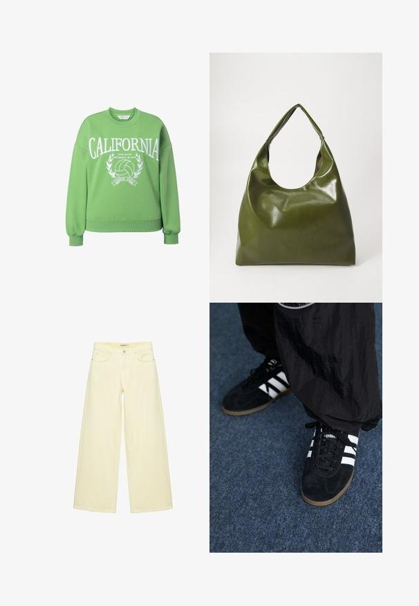 Sweatshirt vert à col rond, coupe oversize et manches longues. Présente le texte blanc "CALIFORNIA" et un graphique de volleyball avec des accents de laurier.; Jean large couleur crème avec poches avant, passants de ceinture et fermeture par bouton à la taille.; Des chaussures de sport en suède noir avec trois rayures blanches et des lacets noirs. Un pantalon noir texturé est partiellement visible à côté des chaussures.; Sac hobo en cuir vert au design décontracté, avec une poignée incurvée et une texture lisse. Ne contient aucun matériel ou accent visible.