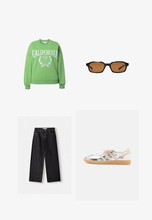 Sweatshirt vert à col rond, coupe oversize et manches longues. Présente le texte blanc "CALIFORNIA" et un graphique de volleyball avec des accents de laurier.; Jean noir à jambes larges avec poches avant et fermeture par bouton argenté, posé à plat sur un fond gris clair.; Baskets basses avec dessus argenté brillant, trois bandes beige, lacets blancs et semelle en caoutchouc beige, vues de côté sur fond blanc.; Lunettes de soleil rectangulaires noires avec des montures épaisses et des verres teintés marron, vues de face sur un fond blanc.