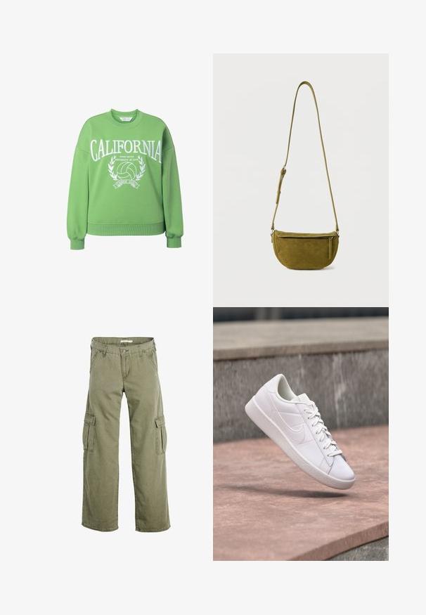 Sweatshirt vert à col rond, coupe oversize et manches longues. Présente le texte blanc "CALIFORNIA" et un graphique de volleyball avec des accents de laurier.; Pantalon cargo vert olive à jambes droites avec fermeture à boutons, passants pour ceinture, poches fendues latérales et poches à rabat sur chaque cuisse.; Basket basse blanche Nike avec lacets suspendue au-dessus d'un rebord en béton contre un fond en pierre grise en extérieur.; Sac bandoulière en daim vert olive avec sangle réglable et poche avant zippée sur fond blanc uni.