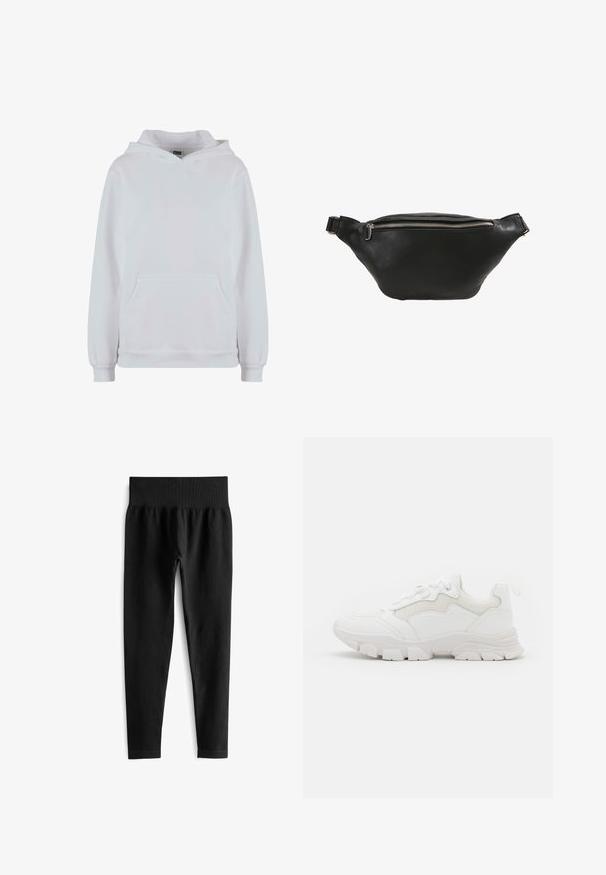 Witte hoodie van een katoenmix. Heeft lange mouwen, een voorzak met kangaroo-pockets en ribgebreide boorden en zoom.; Zwarte geribde leggings met een brede elastische tailleband, met een aansluitende pasvorm en een gladde textuur. Geen zichtbare hardware of patronen.; NA-KD CONTRAST SOLE TREKKING - Sneakers laag - white; Zwarte leren heuptas met een gladde textuur, gebogen vorm en een zilveren ritssluiting. Voorzien van een enkele verstelbare schouderband.