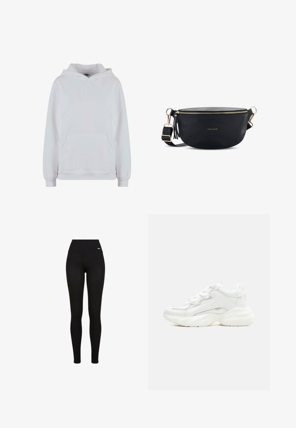 Hvid hætte sweatshirt lavet af bomuldsblanding. Har lange ærmer, en frontkængurulomme og ribbede manchetter og kant.; Sorte leggins med høj talje, strækbart stof, glat tekstur og en tætsiddende pasform, der er velegnet til casual eller atletisk brug.; Hvid chunky sneaker med tyk sål, snørelukning foran og glat syntetisk overdel med subtile syningsdetaljer.; Sort lædertalje taske med guld lynlås, justerbar rem med guld spænder, og "EXPATRIÉ" logo i guld på fronten.
