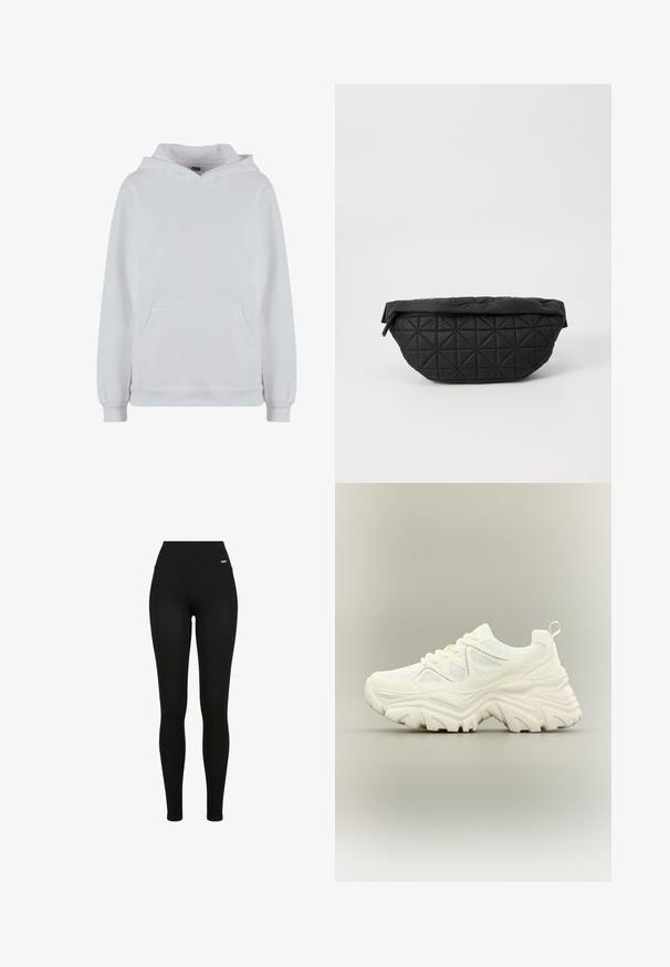 Witte hoodie van een katoenmix. Heeft lange mouwen, een voorzak met kangaroo-pockets en ribgebreide boorden en zoom.; Zwarte leggings met een hoge tailleband, rekbaar materiaal, een soepele textuur en een pasvorm die geschikt is voor casual of sportieve kleding.; Witte chunky sneaker met dikke textuurrijke zool, mesh panelen, veters aan de voorkant en een treklipje aan de hiel op een neutrale achtergrond.; Zwarte, gewatteerde tas met een zachte, gewatteerde textuur en een hoekig ruitpatroon, met een gebogen silhouet en ritssluiting.