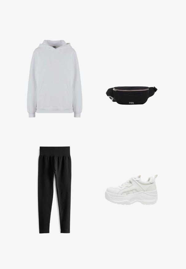 Witte hoodie van een katoenmix. Heeft lange mouwen, een voorzak met kangaroo-pockets en ribgebreide boorden en zoom.; Zwarte geribde legging met een brede, elastische tailleband. De stof lijkt rekbaar en gestructureerd, eindigend net boven de enkel.; Witte chunky sneaker met dikke zool, veters aan de voorkant, gevoerde kraag en trekriem aan de hiel.; Zwarte stoffen heuptas met zilveren rits en verstelbare band, voorzien van klein wit "Bimba y Lola"-logo aan de voorkant.