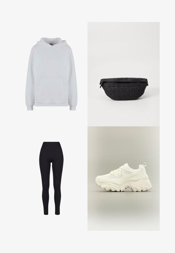 Hvid hætte sweatshirt lavet af bomuldsblanding. Har lange ærmer, en frontkængurulomme og ribbede manchetter og kant.; Sorte højtaljerede leggings, lavet af strækbart stof, med en glat tekstur og en tætsiddende design uden synlige sømme eller mønstre.; Hvid chunky sneaker med tyk tekstureret sål, mesh paneler, snørelukning foran og trækstrop ved hælen på en neutral baggrund.; Sort quiltet taske med en blød, polstret tekstur og et vinkelret diamantmønster, med en buet silhuet og lynlåslukning.
