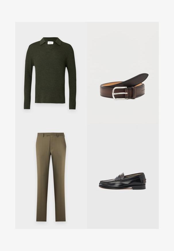 Pull-over côtelé vert foncé avec col en V et col. Caractéristiques manches longues et silhouette ajustée. Confectionné dans un matériau doux et texturé.; Pantalon homme coupe slim vert olive avec passants pour ceinture, poches avant et fermeture à glissière sur un fond clair uni.; Mocassins en cuir noir avec un design de style mocassin, présentant une bande décorative et un détail de couture sur le dessus. Talon bloc bas.; Ceinture en cuir marron foncé roulée avec une boucle rectangulaire argentée sur fond blanc.
