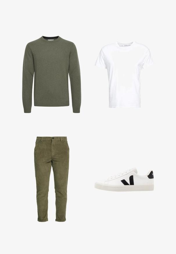 Jersey de punto verde oliva de manga larga con cuello redondo, puños y bajo acanalados, mostrado sobre fondo blanco.; Camiseta de algodón blanca con cuello redondo y mangas cortas, con un corte clásico y una textura suave. Sin patrones ni elementos metálicos visibles.; Pantalones de pana verde oliva con un corte ajustado, bolsillos frontales, puños doblados y cierre de botón, con estrías verticales para dar textura.; Zapatilla de cuero blanca con acentos de ante negro; presenta una suela de goma, puntera redonda y un diseño clásico de cordones. Logo lateral en negro.
