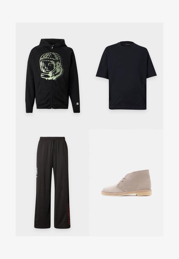 Μαύρο hoodie με φερμουάρ κατασκευασμένο από μαλακό ύφασμα, με μεγάλο γραφικό αστροναύτη σε ανοιχτό πράσινο χρώμα και διαγώνιες ρίγες στο στήθος.; Μαύρο φαρδύ T-shirt με κοντά μανίκια και στρογγυλή λαιμόκοψη, εμφανιζόμενο επίπεδα πάνω σε λευκό φόντο.; Μαύρο αθλητικό παντελόνι με ελαστική μέση με κορδόνι, πλαϊνές τσέπες και κόκκινο κείμενο στο αριστερό πόδι. Λείο, ελαφρύ ύφασμα, άνετη εφαρμογή.; Μπεζ μπότα αστραγάλου από σουέντ με δέσιμο με κορδόνια δύο οπών, σόλα από καουτσούκ κρέπ, και χαμηλό τακούνι, εμφανιζόμενη από το πλάι σε απλό φόντο.