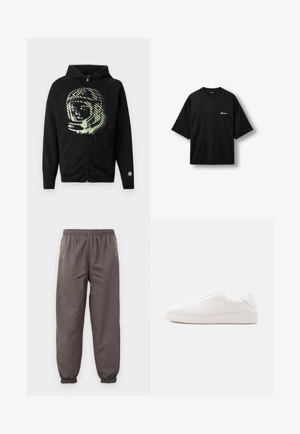 Μαύρο hoodie με φερμουάρ κατασκευασμένο από μαλακό ύφασμα, με μεγάλο γραφικό αστροναύτη σε ανοιχτό πράσινο χρώμα και διαγώνιες ρίγες στο στήθος.; Μαύρο αθλητικό πουκάμισο με κοντά μανίκια από δίχτυ με V-λαιμόκοψη και λογότυπο "Buroco" στο αριστερό στήθος, εμφανίζεται σε απλό λευκό φόντο.; Σκούρο γκρι παντελόνι με ελαστική μέση και χαλαρή εφαρμογή. Διαθέτει συγκεντρωμένα μανίκια και διακριτική κεντητική στις πλευρές. Ελαφρύ ύφασμα.; Λευκό δερμάτινο αθλητικό παπούτσι με λεία επιφάνεια, στρογγυλή μύτη, έξι οπές για κορδόνια και υφή στη λαστιχένια σόλα. Μινιμαλιστικός σχεδιασμός χωρίς σχέδια.