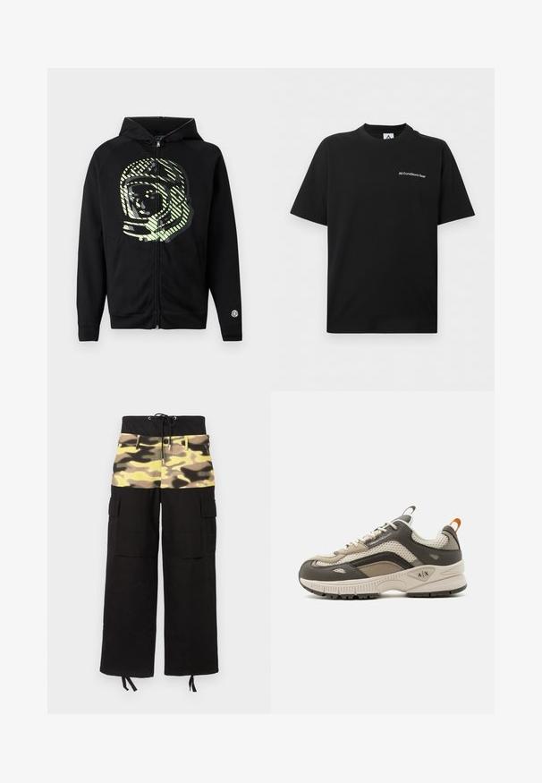 Μαύρο hoodie με φερμουάρ κατασκευασμένο από μαλακό ύφασμα, με μεγάλο γραφικό αστροναύτη σε ανοιχτό πράσινο χρώμα και διαγώνιες ρίγες στο στήθος.; Μαύρο κοντομάνικο μπλουζάκι με στρογγυλή λαιμόκοψη και μικρό λευκό κείμενο «All Conditions Gear» στο αριστερό στήθος.; Cargo παντελόνια με μαύρο ύφασμα και επάνω μέρος σε καμουφλάζ σε αποχρώσεις κίτρινου, πράσινου και καφέ. Περιλαμβάνουν ρυθμιζόμενη μέση.; Γκρι και μπεζ δερμάτινο και πλεκτό αθλητικό παπούτσι με λευκή σόλα, κορδόνια και πορτοκαλί γλωττίδα, με το λογότυπο Armani Exchange στο πλάι και στη σόλα.