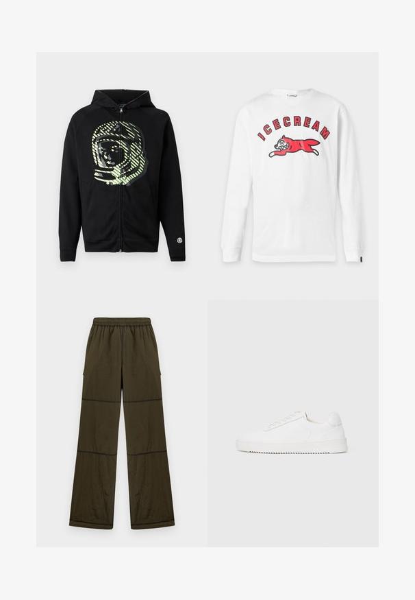 Μαύρο hoodie με φερμουάρ κατασκευασμένο από μαλακό ύφασμα, με μεγάλο γραφικό αστροναύτη σε ανοιχτό πράσινο χρώμα και διαγώνιες ρίγες στο στήθος.; Λευκό πουκάμισο με μακριά μανίκια με κόκκινο κείμενο "ICECREAM" πάνω από ένα κόκκινο καρτούν σκύλο που πηδάει με πλατύ χαμόγελο και κοφτερά δόντια.; Φαρδιά σκούρα χακί παντελόνια με ελαστική μέση, ορατές ραφές και πλαϊνές τσέπες, εμφανίζονται σε απλό ανοιχτό φόντο.; Λευκό αθλητικό παπούτσι με λείο δερμάτινο επάνω μέρος, στρογγυλή μύτη, κορδόνια, υφή στα πλαϊνά και παχύ καουτσούκ πάτο. Μινιμαλιστικός σχεδιασμός.