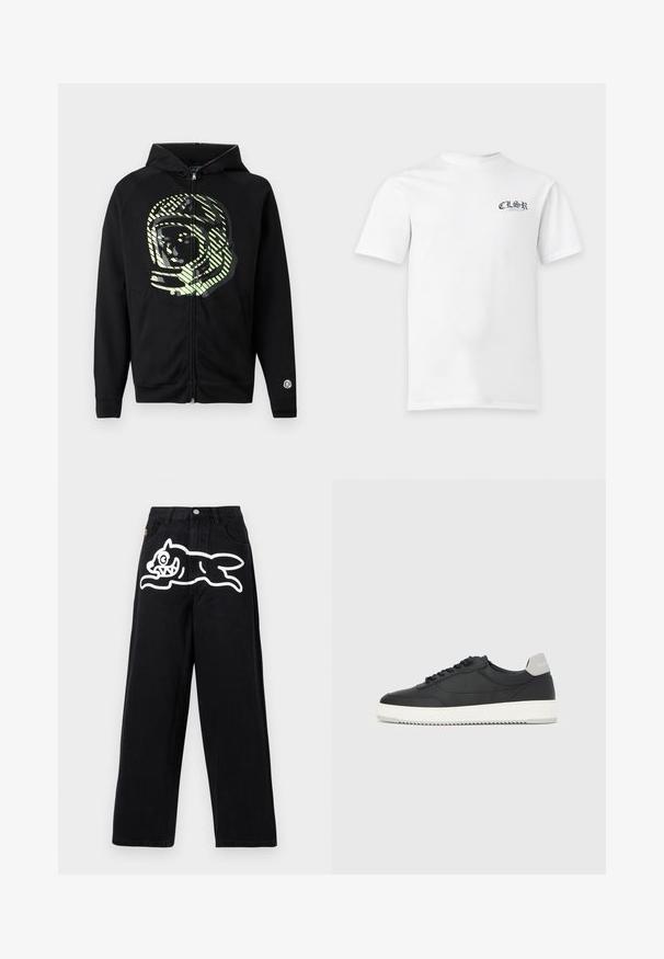 Μαύρο hoodie με φερμουάρ κατασκευασμένο από μαλακό ύφασμα, με μεγάλο γραφικό αστροναύτη σε ανοιχτό πράσινο χρώμα και διαγώνιες ρίγες στο στήθος.; Λευκό κοντομάνικο μπλουζάκι με το "CISR Atelier" σε μαύρη και μπλε γραφή στο αριστερό στήθος, τοποθετημένο σε ουδέτερο φόντο.; Μαύρα τζιν φαρδιάς γραμμής με ψηλή μέση και λευκό γραφικό ενός παιχνιδιάρικου καρτούν σκύλου που πηδάει πάνω από την μπροστινή πάνω περιοχή του μηρού.; Μαύρο αθλητικό παπούτσι χαμηλού τύπου με λευκή σόλα και γκρι ταμπελάκι στη φτέρνα, πλευρική όψη σε απλό λευκό φόντο.