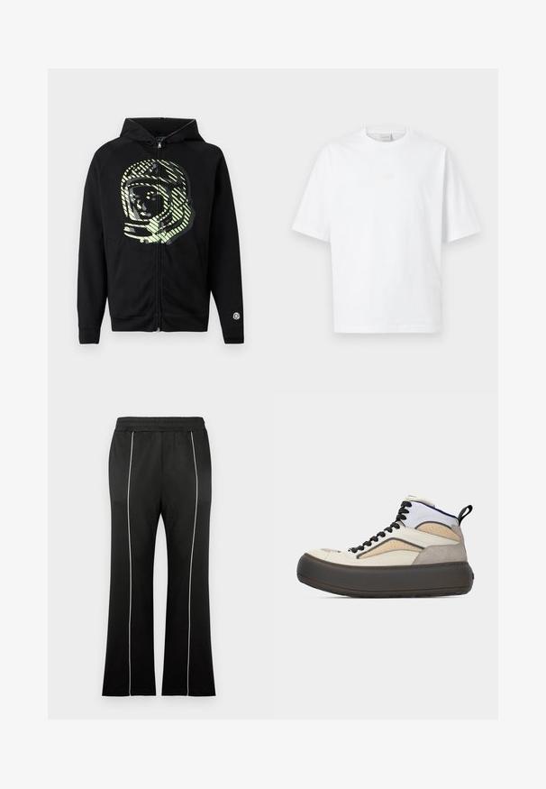 Μαύρο hoodie με φερμουάρ κατασκευασμένο από μαλακό ύφασμα, με μεγάλο γραφικό αστροναύτη σε ανοιχτό πράσινο χρώμα και διαγώνιες ρίγες στο στήθος.; Λευκό βαμβακερό t-shirt με στρογγυλή λαιμόκοψη, κοντά μανίκια, με διακριτικό μπεζ λογότυπο λουλουδιού στο στήθος και άνετη εφαρμογή.; Μαύρο αθλητικό παντελόνι με εφαρμοστή μέση, διακοσμημένο με λευκές πλευρικές ρίγες και φαρδιά σχεδίαση στα πόδια. Κατασκευασμένο από μαλακό, ελαστικό ύφασμα.; Αθλητικό παπούτσι υψηλού πάνω μέρους σε μπεζ και λευκό με μαύρα κορδόνια, σκούρο μπλε γιακά, σουέντ λεπτομέρειες και χοντρή σκούρα καφέ πλατφόρμα σόλα.