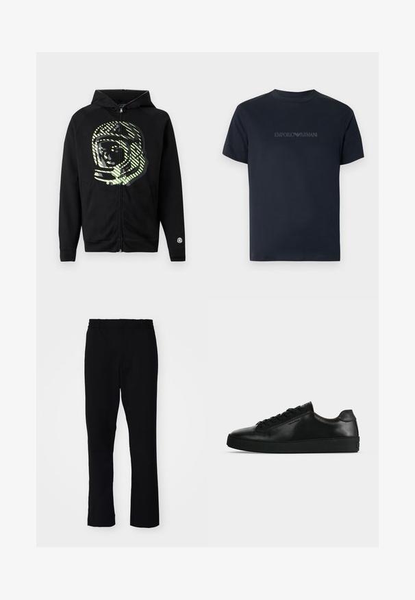 Μαύρο hoodie με φερμουάρ κατασκευασμένο από μαλακό ύφασμα, με μεγάλο γραφικό αστροναύτη σε ανοιχτό πράσινο χρώμα και διαγώνιες ρίγες στο στήθος.; Μαύρο κοντομάνικο μπλουζάκι με στρογγυλή λαιμόκοψη και το λογότυπο "Emporio Armani" κεντημένο με νήμα που ταιριάζει στο χρώμα στο στήθος.; Μαύρο παντελόνι με στενή γραμμή. Διαθέτει ελαστική μέση και ίσια πόδια, κατασκευασμένο από ένα λείο ύφασμα με ματ φινίρισμα.; Μαύρο δερμάτινο χαμηλό αθλητικό παπούτσι με μαύρα κορδόνια και χοντρή μαύρη σόλα, εμφανίζεται από το πλάι σε ανοιχτό γκρι φόντο.