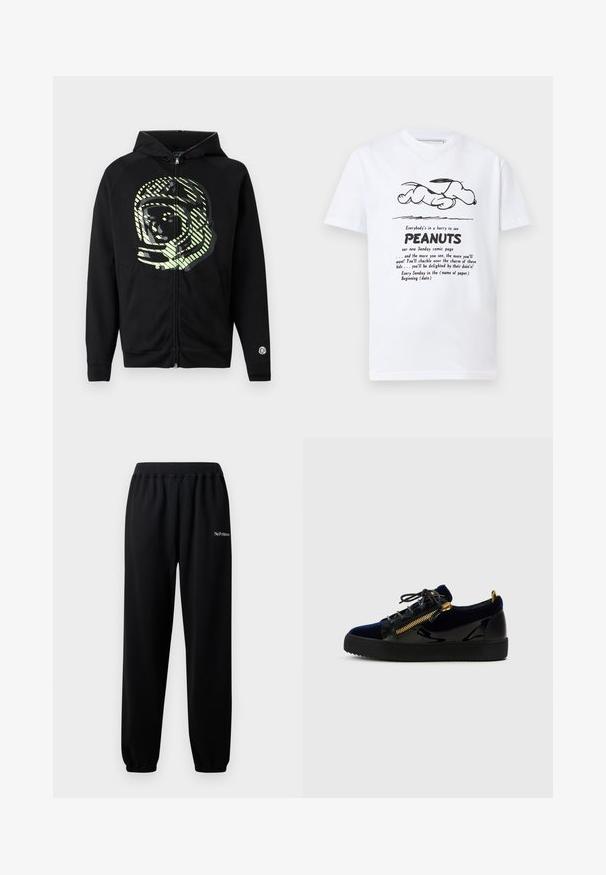 Μαύρο hoodie με φερμουάρ κατασκευασμένο από μαλακό ύφασμα, με μεγάλο γραφικό αστροναύτη σε ανοιχτό πράσινο χρώμα και διαγώνιες ρίγες στο στήθος.; Λευκό T-shirt με μαύρη γραμμή που απεικονίζει τον Snoopy να ξαπλώνει πάνω από κείμενο που προωθεί τη σελίδα κόμικ Peanuts της Κυριακής.; Μαύρες φόρμες από μαλακό ύφασμα, με ελαστική μέση και μανσέτες. Περιλαμβάνουν την κεντημένη φράση "No Problemo" σε λευκό χρώμα στο αριστερό πόδι.; Σκούρο μπλε βελούδινο και μαύρο δερμάτινο αθλητικό παπούτσι με χοντρή μαύρη σόλα, με χρυσή λεπτομέρεια φερμουάρ και κορδόνια μπροστά.