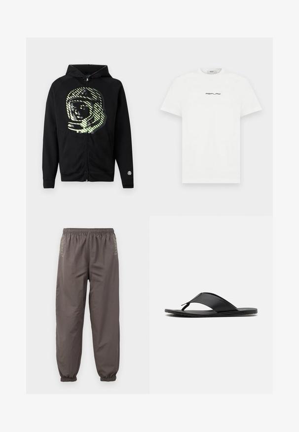 Μαύρο hoodie με φερμουάρ κατασκευασμένο από μαλακό ύφασμα, με μεγάλο γραφικό αστροναύτη σε ανοιχτό πράσινο χρώμα και διαγώνιες ρίγες στο στήθος.; Λευκό βαμβακερό μπλουζάκι με στρογγυλή λαιμόκοψη και κοντά μανίκια. Στο μπροστινό μέρος φιλοξενεί ένα μαύρο λογότυπο "REPLAY" στο στήθος. Απλός σχεδιασμός.; Σκούρο γκρι παντελόνι με ελαστική μέση και χαλαρή εφαρμογή. Διαθέτει συγκεντρωμένα μανίκια και διακριτική κεντητική στις πλευρές. Ελαφρύ ύφασμα.; Stuart Weitzman BASTIAN - Σανδάλια τύπου T - black