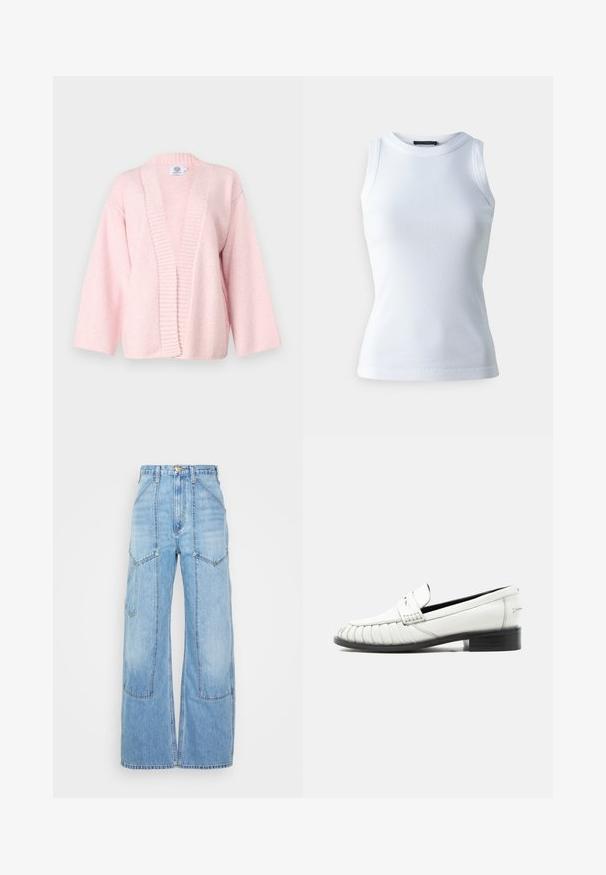 Cardigan rose clair en tissu doux et texturé. Présente une large ouverture à l'avant, des bords côtelés et des manches à longueur de coude. Sans fermetures.; T-shirt sans manches blanc en tissu côtelé, avec un col rond et une silhouette ajustée. Texture lisse, sans motifs ni accents visibles.; RE/DONE SUPER HIGH WORKWEAR - Jean droit - wasted indigo; Mocassin en cuir blanc avec détail cousu sur l'orteil, petit talon noir, et design sans lacets, présenté de profil sur un fond uni.