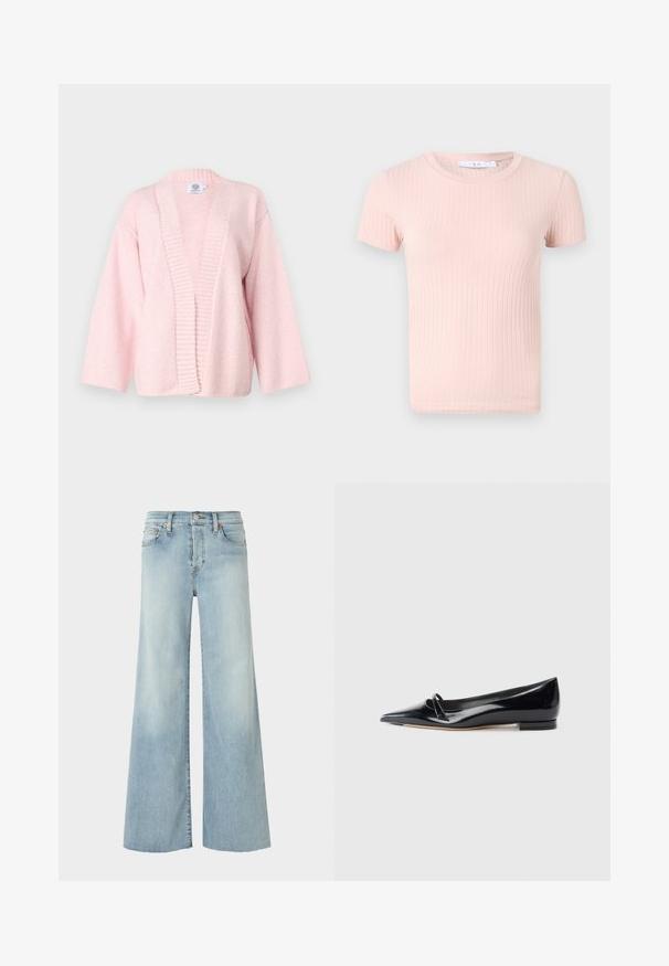 Cardigan rose clair en tissu doux et texturé. Présente une large ouverture à l'avant, des bords côtelés et des manches à longueur de coude. Sans fermetures.; T-shirt à manches courtes côtelé rose clair avec un col rond, offrant une texture douce et une coupe ajustée.; RE/DONE MID RISE PALAZZO - Jean boyfriend - blue denim; Chaussure plate en cuir verni noir avec un bout pointu, une petite lanière décorative et un petit talon carré. Texture lisse et design épuré.